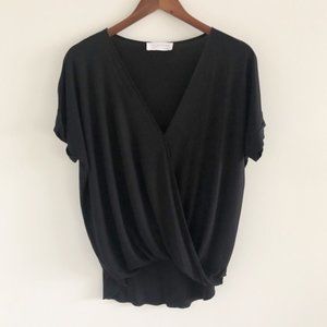 Black Draped-Front Hi-Lo Short Sleeve Blouse Small